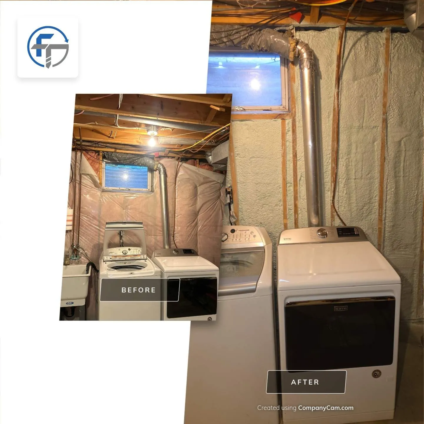 Before and after of a basement laundry area after the walls were insulated