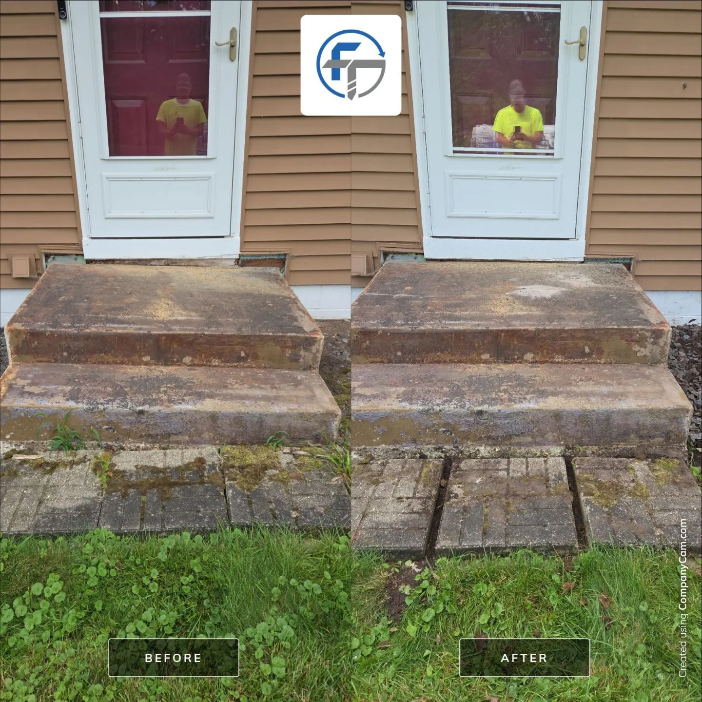Before and after of settled concrete entry steps raised back to level