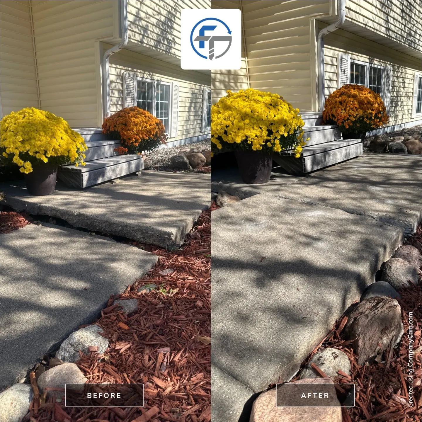 Before and after of a sunken front walkway lifted back to grade