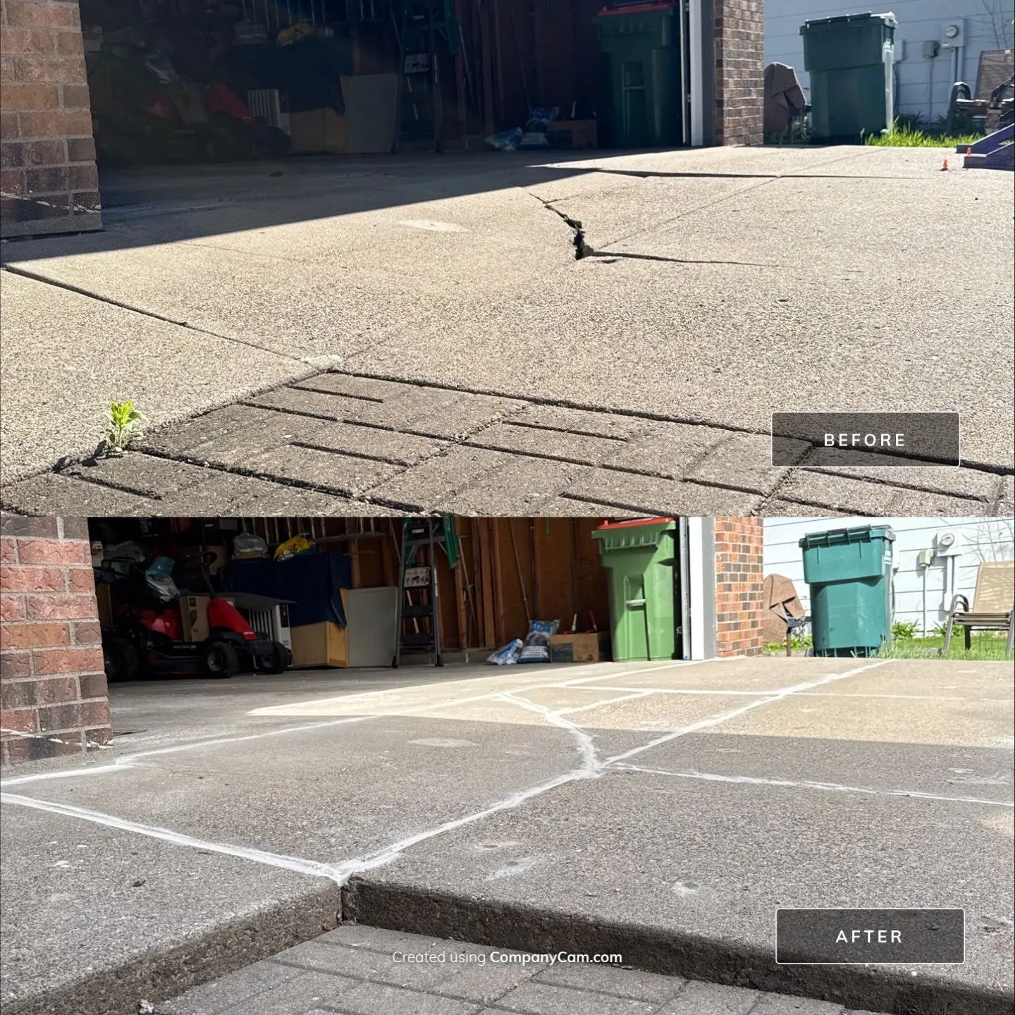 Before and after of a cracked, settled garage apron lifted back to grade