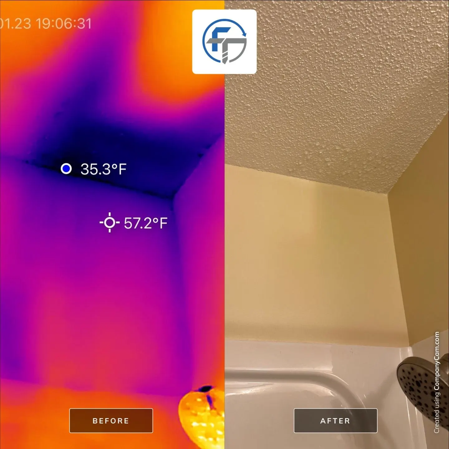 Thermal camera image of a ceiling corner reading 35.3°F beside a 57.2°F surface, next to a normal photo of the same corner