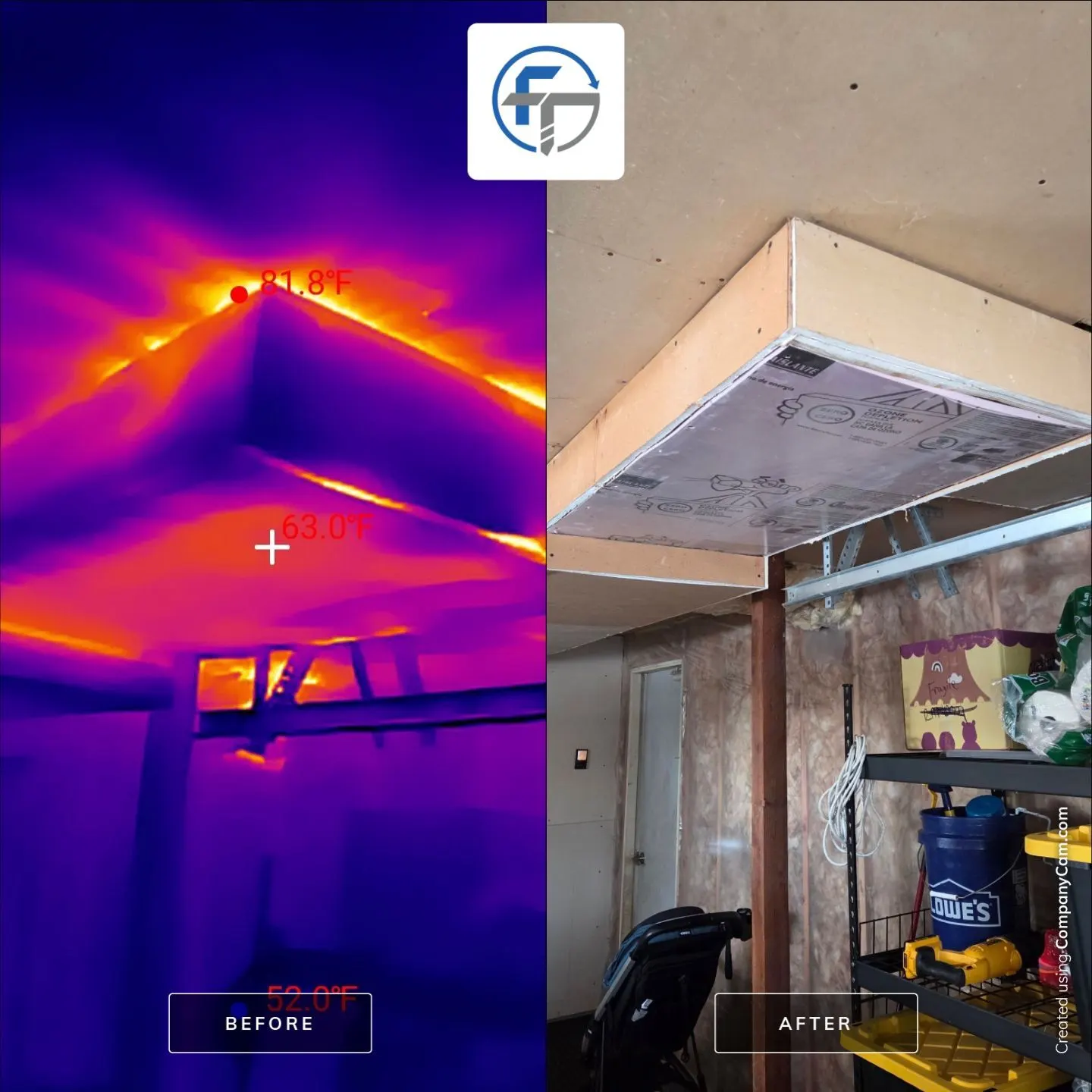 Thermal camera before and after of a garage ceiling showing heat loss along the roof line