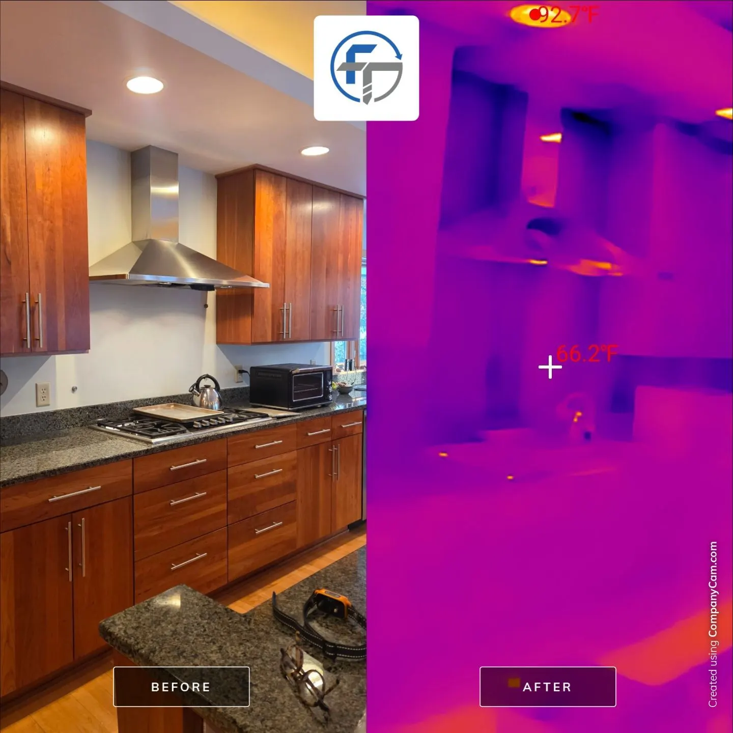 Thermal camera before and after of a kitchen wall showing where heat was escaping